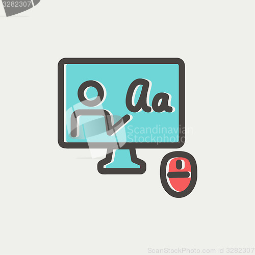 Image of Laptop and mouse in online tutorial thin line icon