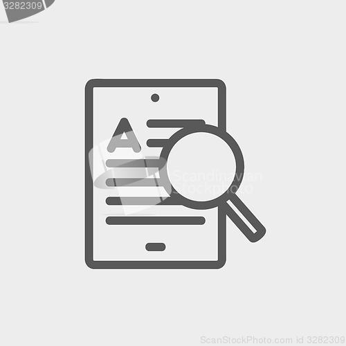 Image of Tablet and magnifying glass searching network thin line icon