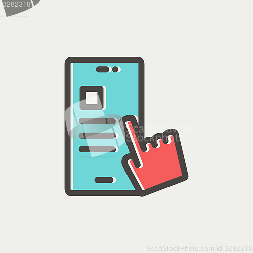 Image of Smartphone and hand checking of work task schedule thin line icon