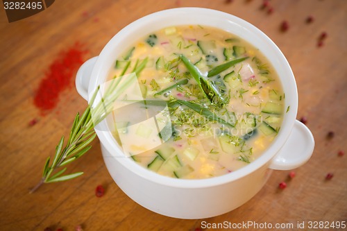 Image of russian cold vegetable soup on yogurt, sour-milk base -  okroshka