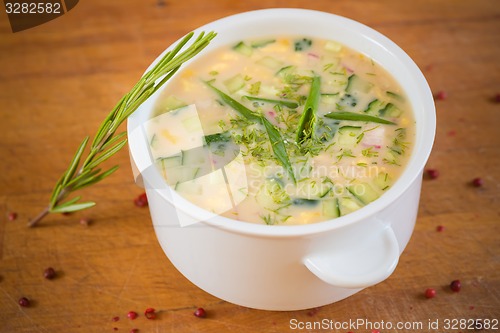 Image of russian cold vegetable soup on yogurt, sour-milk base -  okroshka