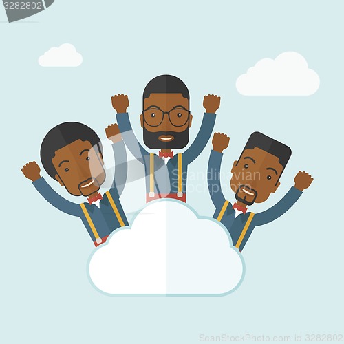 Image of Three happy businessmen on the cloud.