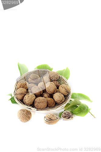 Image of walnuts with walnut leaves in a basket