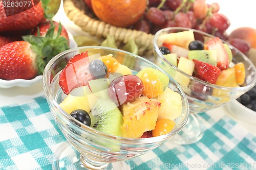 Image of Fruit salad in a bowl on checkered napkin