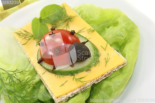 Image of Crispbread with cheese, basil and ladybug