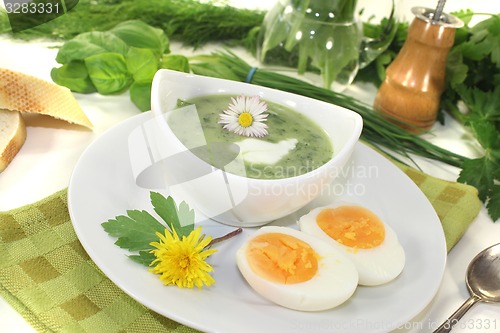 Image of herbs soup with eggs, a dollop of cream