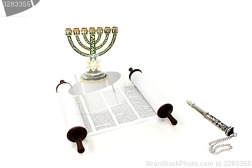 Image of Torah scroll with menorah and pointer