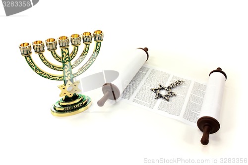 Image of Torah scroll with menorah and Star of David