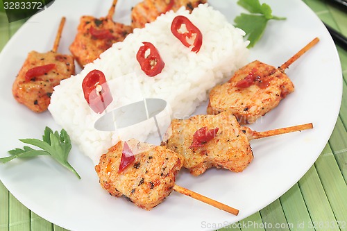 Image of Asian sate skewers with peanut sauce