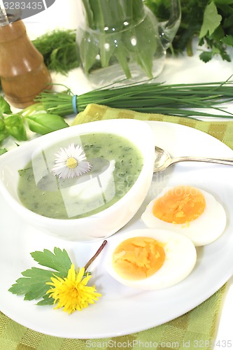 Image of green herb soup with eggs