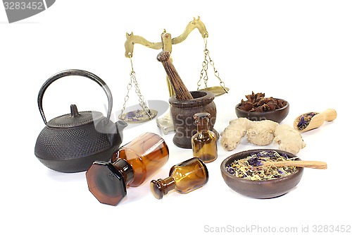 Image of Chinese medicine with herbs and scale