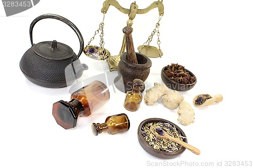 Image of Chinese medicine with mortar and scale