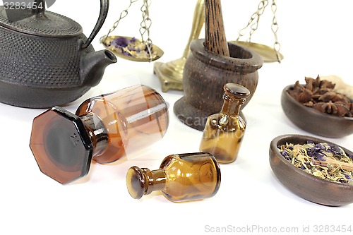 Image of Chinese medicine with herbs and apothecary bottle