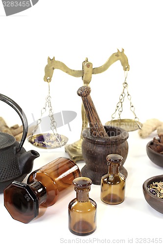 Image of Chinese medicine with mortar and teapot