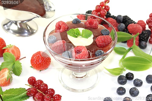 Image of red fruit jelly with vanilla and blueberries