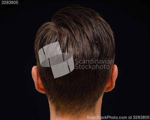 Image of Rear view of hairstyle on male person with brown hair at closeup