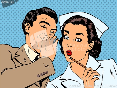 Image of diagnosis patient nurse and male gossip surprise conversation st