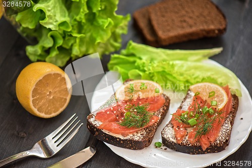 Image of Sandwich with salmon for breakfast