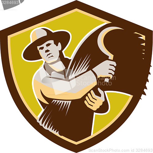 Image of Organic Farmer With Scythe Wheat Harvest Retro