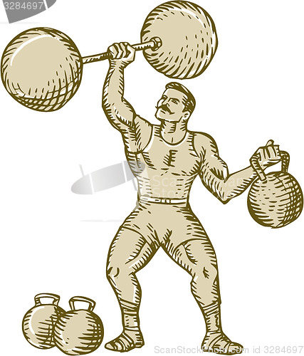 Image of Strongman Lifting Barbell Kettlebell Etching