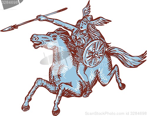 Image of Valkyrie Warrior Riding Horse Spear Etching