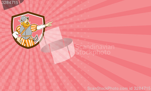 Image of Business card Spanish Conquistador Pointing Cartoon Shield