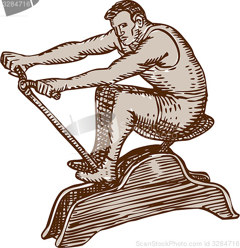 Image of Athlete Exercising Vintage Rowing Machine Etching