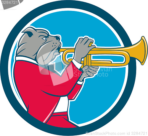 Image of Bulldog Blowing Trumpet Side Circle Cartoon