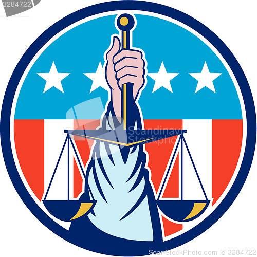 Image of Hand Holding Scales of Justice Circle Retro