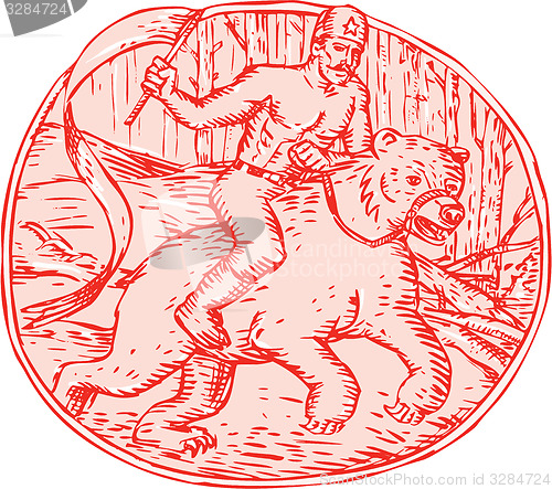 Image of Russian Soldier Riding Bear Etching