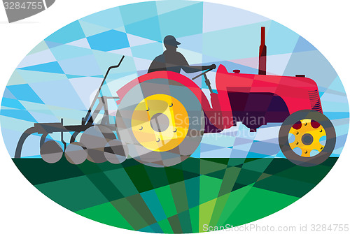 Image of Farmer Driving Vintage Farm Tractor Oval Low Polygon