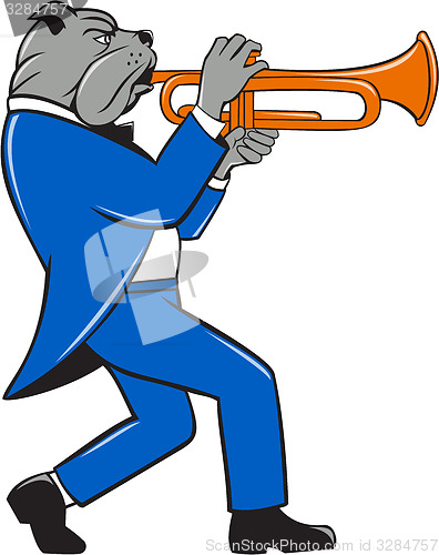 Image of Bulldog Blowing Trumpet Side View Cartoon