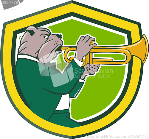 Image of Bulldog Blowing Trumpet Side Shield Cartoon