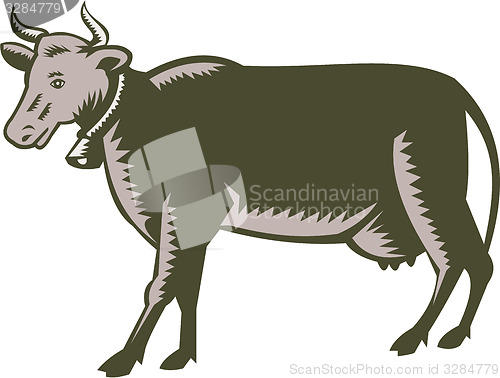Image of Dairy Cow Side View Woodcut