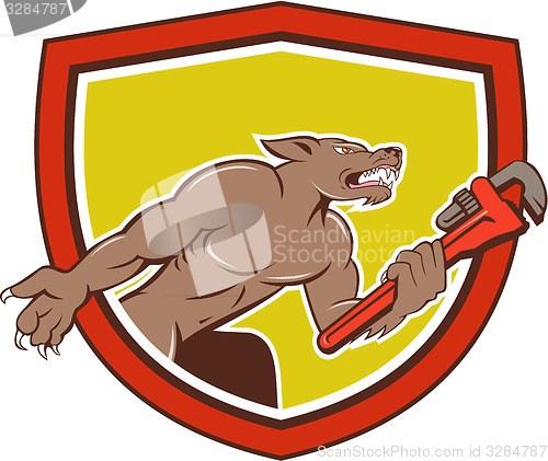 Image of Wolf Plumber Monkey Wrench Shield Cartoon