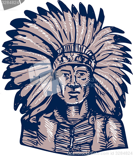 Image of Native American Indian Chief Warrior Etching