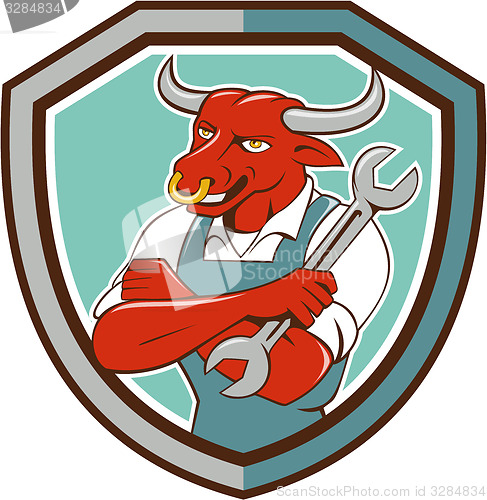 Image of Bull Mechanic Spanner Standing Shield Cartoon