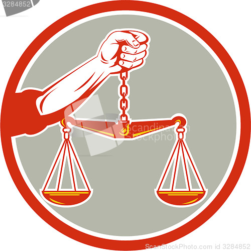 Image of Hand Holding Weighing Scales Circle Retro