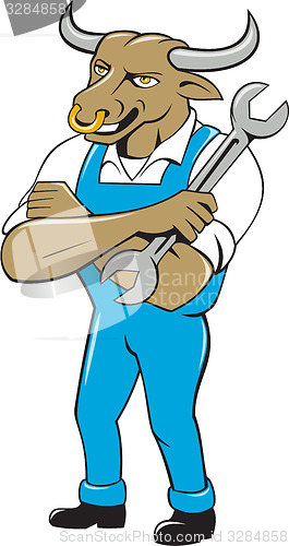 Image of Bull Mechanic Spanner Standing Cartoon