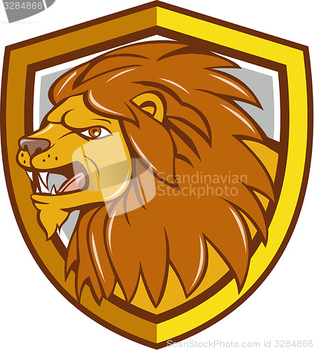 Image of Angry Lion Head Roar Shield Cartoon