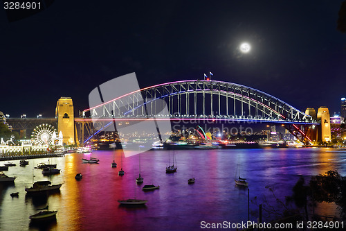 Image of Vivid Sydney Harbour Bridge and City by night