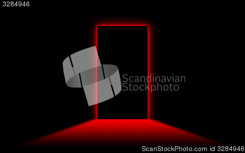 Image of Black door with bright neonlight at the other side