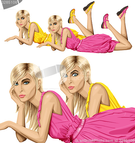 Image of Blonde in pink lies on a floor