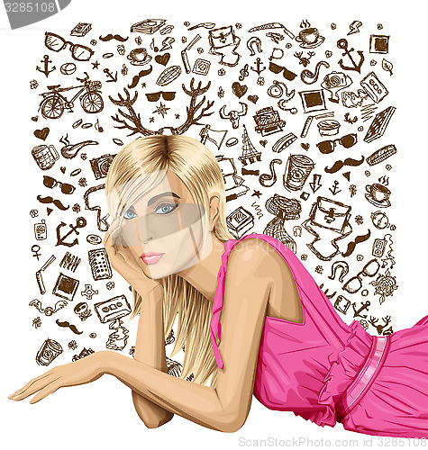 Image of Blonde in pink lies on a floor