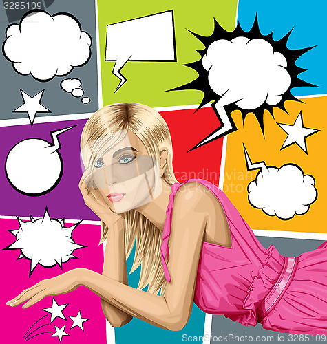 Image of Blonde in pink lies on a floor and speech bubbles