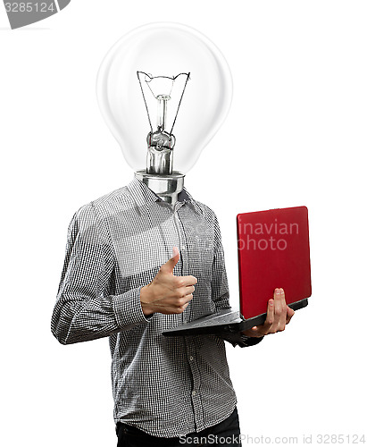 Image of Lamp Head Man With Laptop In His Hands Well Done