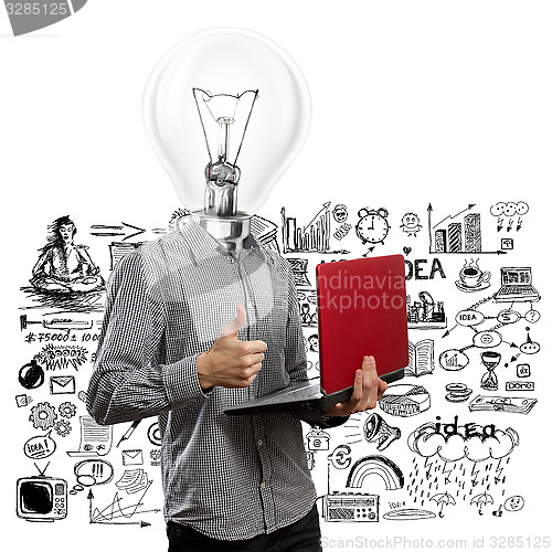 Image of Lamp Head Man With Laptop In His Hands Well Done