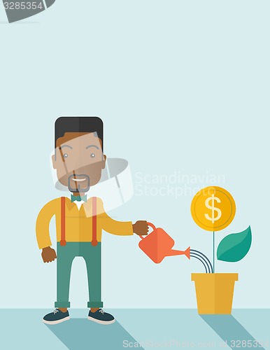 Image of Business person watering a growing plant.