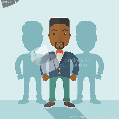 Image of Black businessman standing straight with his shadows.