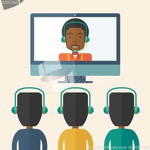 Image of Group of employees with black guy in online discussion.